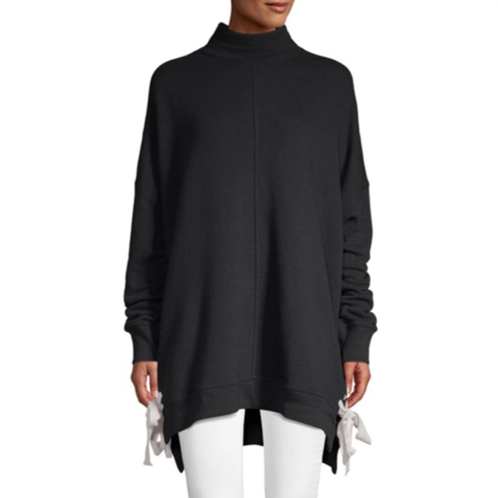 Free People So Plush Oversized Lace-up Sides Mock Neck Sweatshirt Black Sz Small